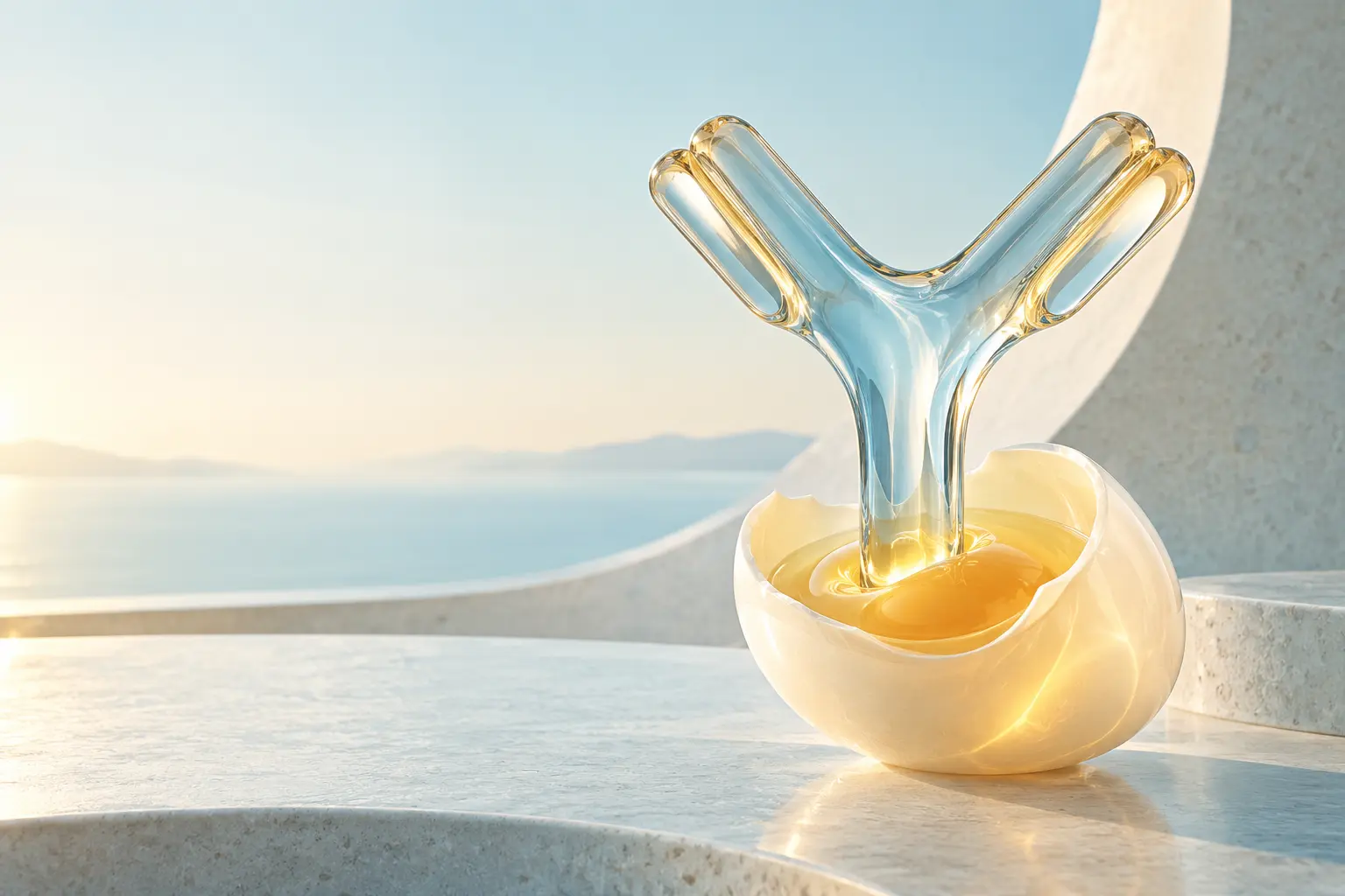 Conceptual translucent IgY-shaped form rising from an egg yolk