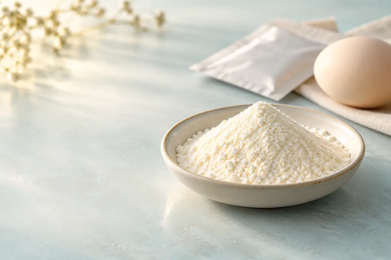 Unbranded powder sample and egg representing an IgY ingredient concept