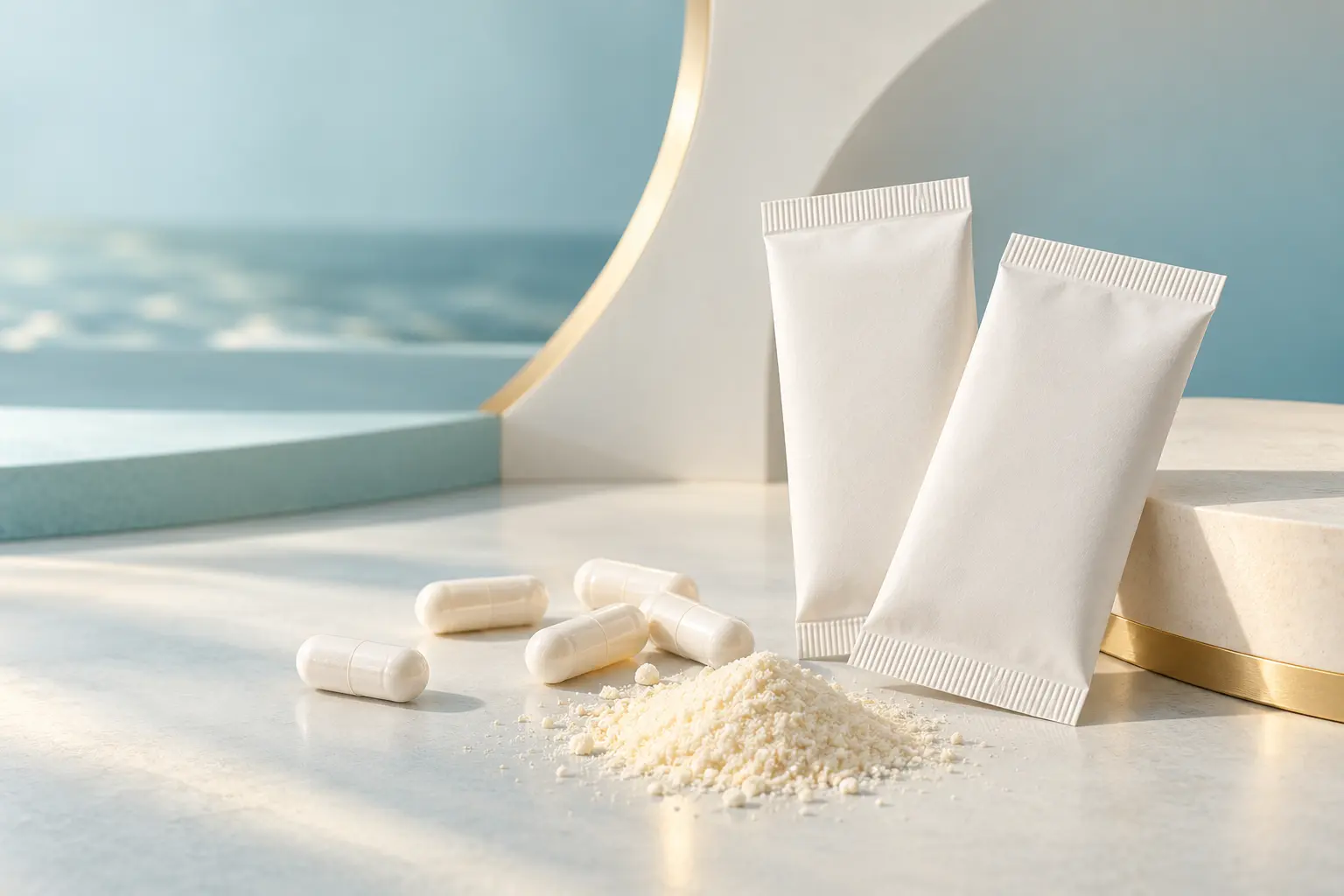 Unbranded capsules and sachets illustrating possible supplement formats